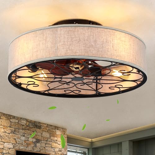 20 Inch Caged Ceiling Fans with Lights Flush Mount,Low Profile Fabric Farmhouse Bladeless Ceiling Fan with Remote, Farmhouse White Ceiling Fan for Bedroom,6 Speeds Reversible Silent Fandalier